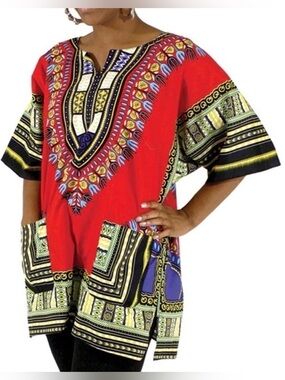 Dashiki Red with Multi colors cotton tunic size S